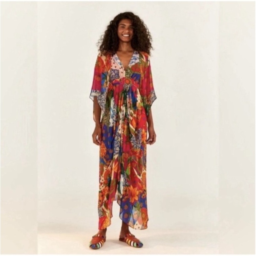 Farm Rio Sunny Mix Chiffon Midi Dress Women Small Multicolored Flowy Boho